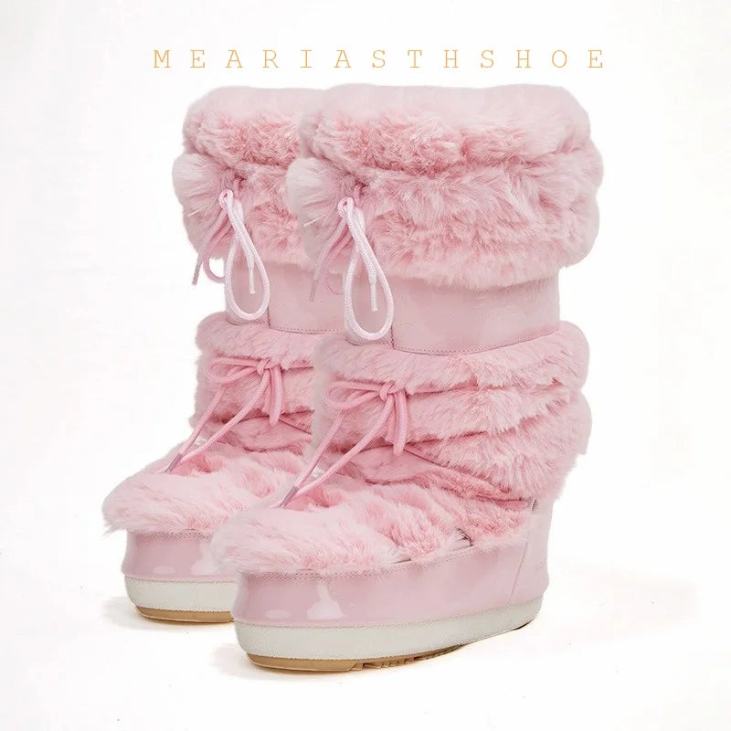 Botas de nieve de mujer con suela gruesa de piel sintétic...
