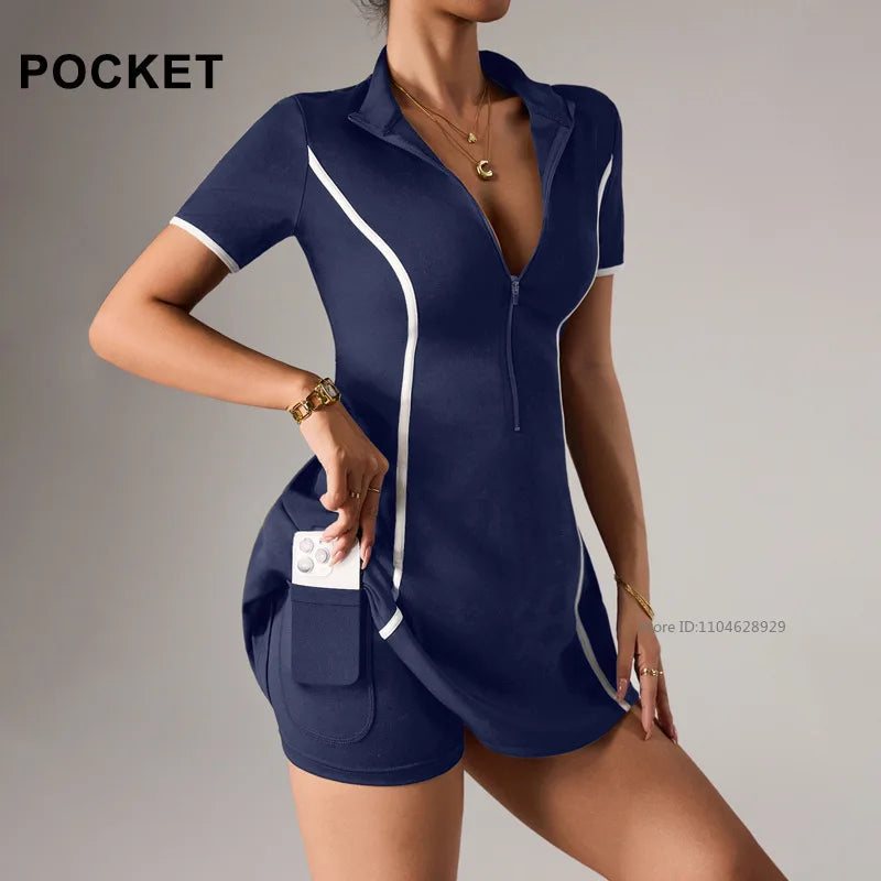 Vestido de Tenis de Manga Corta para Mujer, Cuello Polo, ...