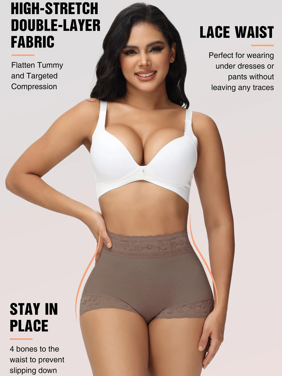 Mujer usando bragas moldeadoras de Corporación Turística, pantalones cortos de soporte para moldear la figura y mejorar la silueta.