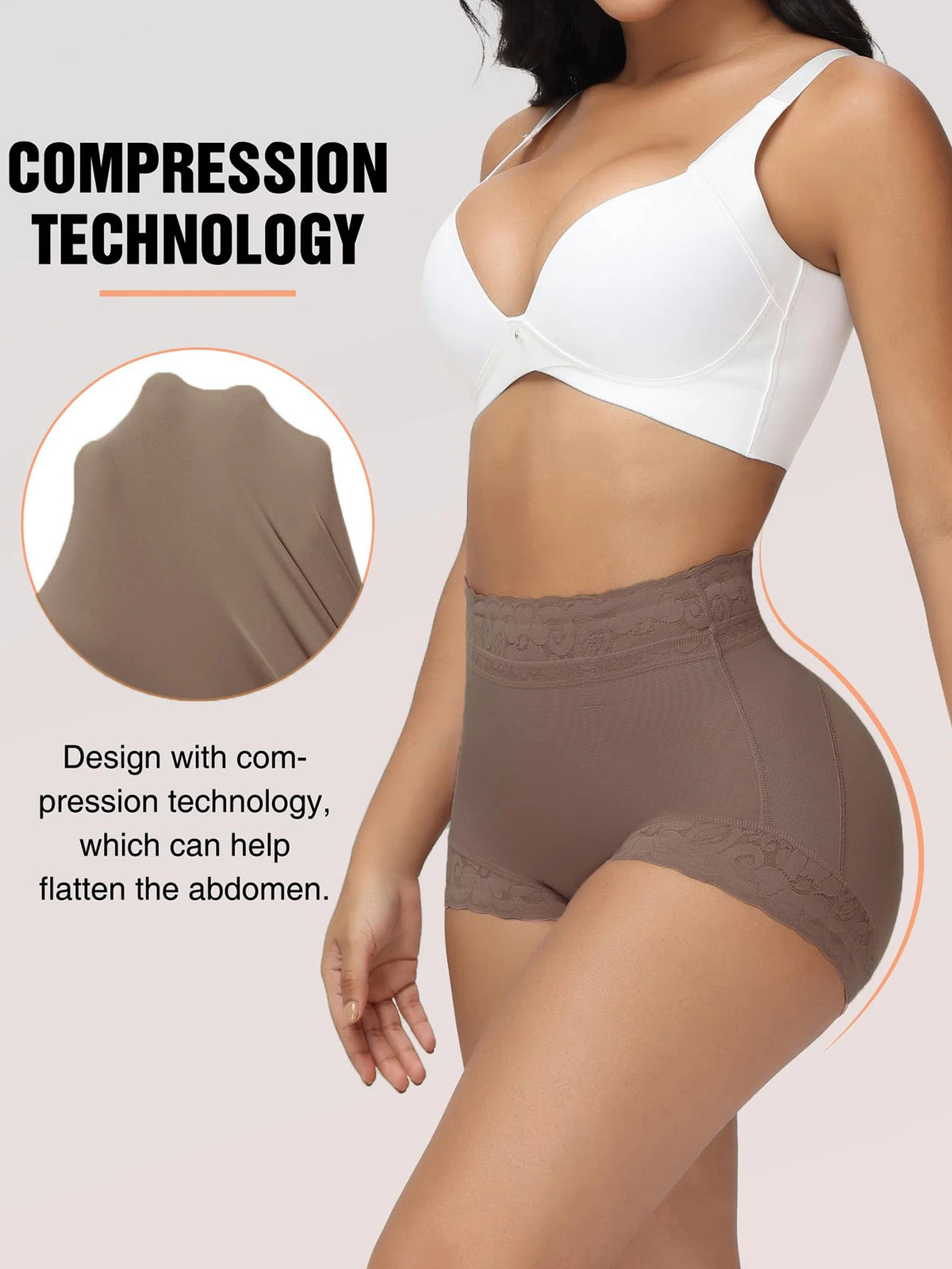 Mujer usando bragas moldeadoras tipo pantalones cortos de la marca Corporación Turística, ajustadas y cómodas para modelar la figura.