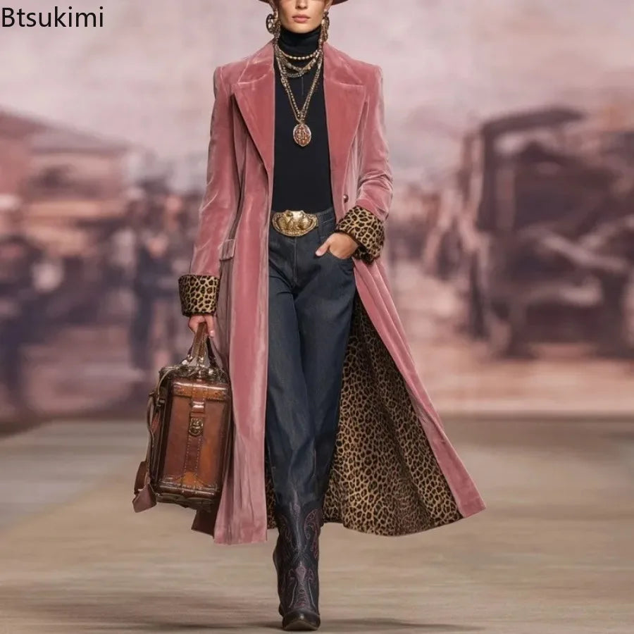 Nuevo Abrigo Largo de Terciopelo Rosa Vintage para Mujer,...
