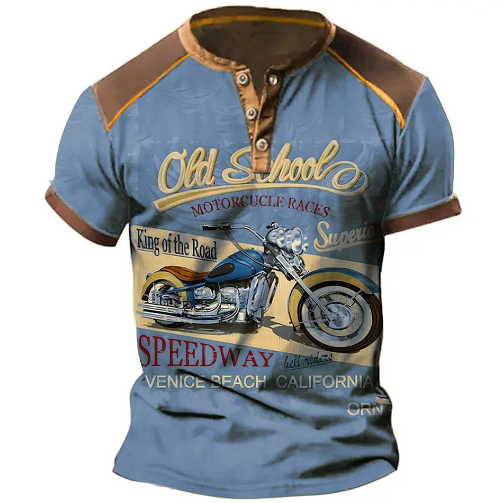 Camiseta Henley Moto 3D Hombre - Manga Corta Verano Casual