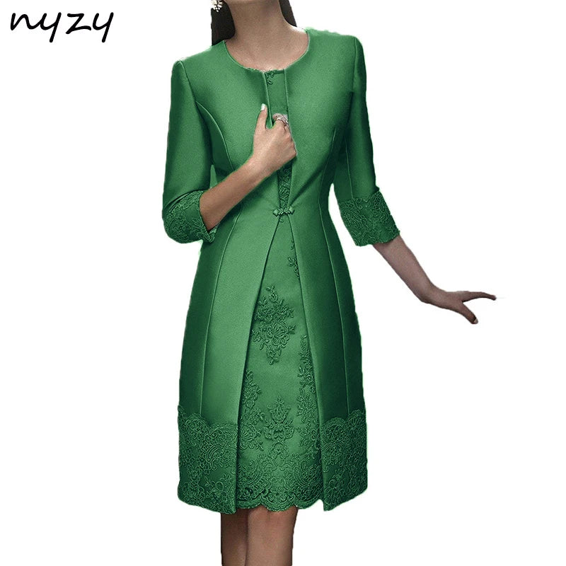 Vestido Encaje Verde Oscuro 2 Piezas Chaqueta Madre Novia Talla Plus
