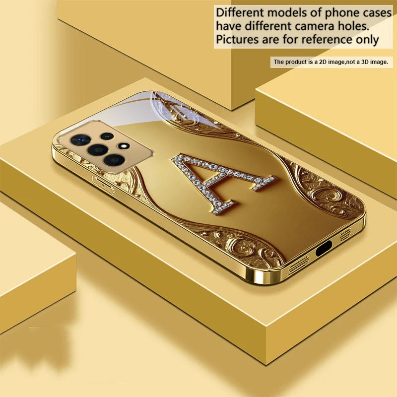 Golden crystal phone case with diamond accents, designed for smartphones, showcasing elegant decorative details and luxurious style.