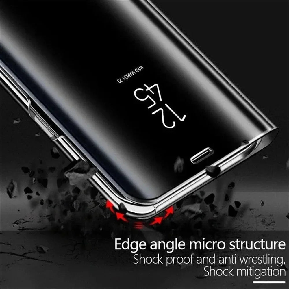 Leather flip phone case with mirror for Samsung smartphones, featuring a sleek design and secure closure from Corporación Turística.