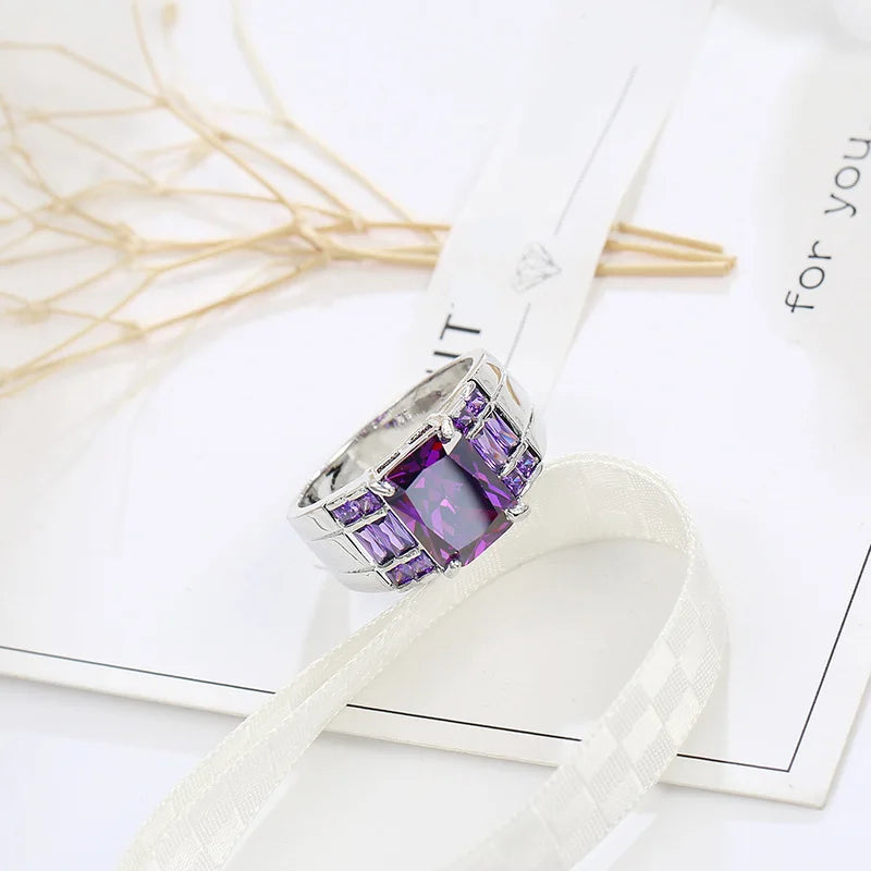 Anillos anchos de circonita púrpura para mujer, anillo de...