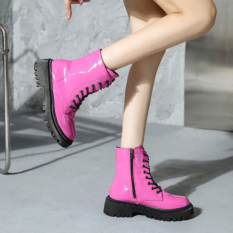 Botines rosas con cordones para mujer, botas de moto con ...