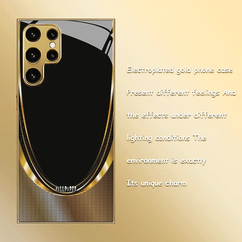 Golden shiny glass phone case from Corporación Turística, featuring a sleek, reflective finish and precise cutouts for easy access.