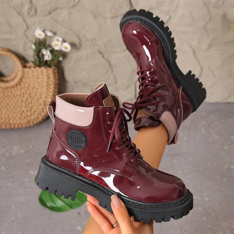 Botas de charol con cordones para mujer, botas de punta r...