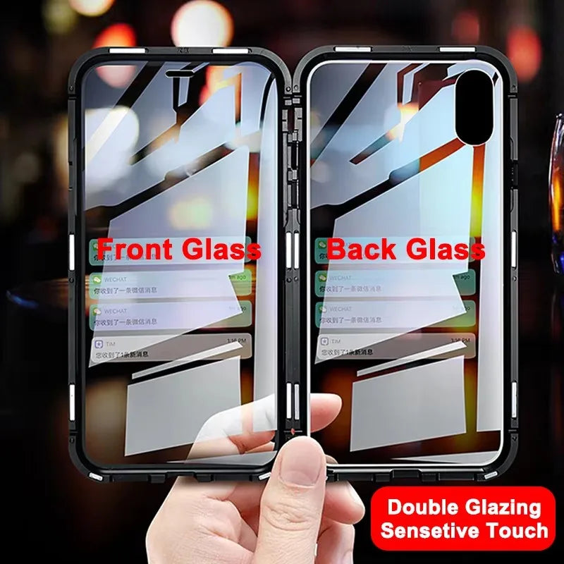 Magnetic metal protection case for smartphones, full coverage, glossy black finish, designed by Corporación Turística.