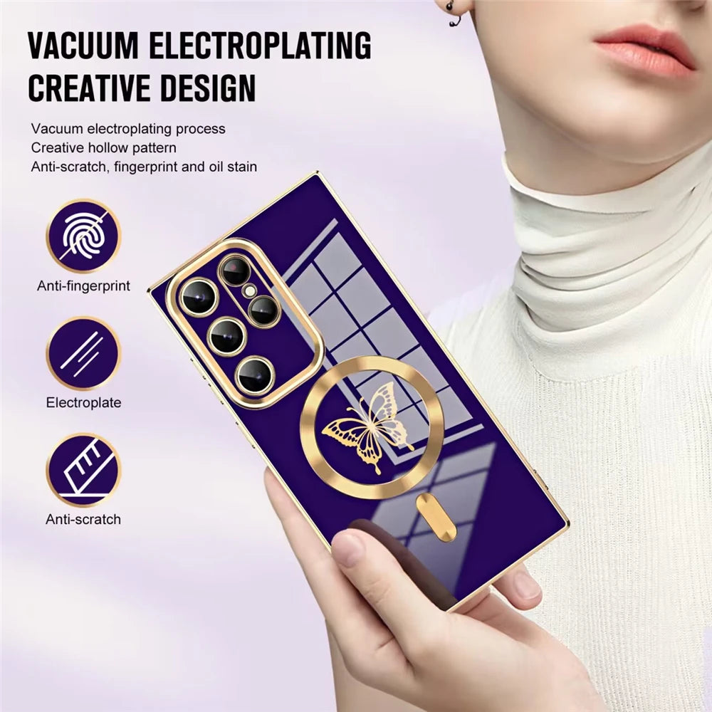 Magnetic electroplated butterfly phone case in gold for Samsung smartphones, featuring a decorative butterfly design.