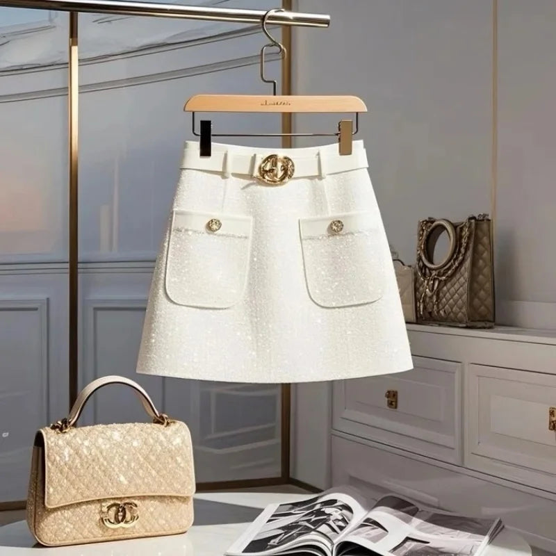 Falda blanca elegante de Tweed de Seda brillante para muj...