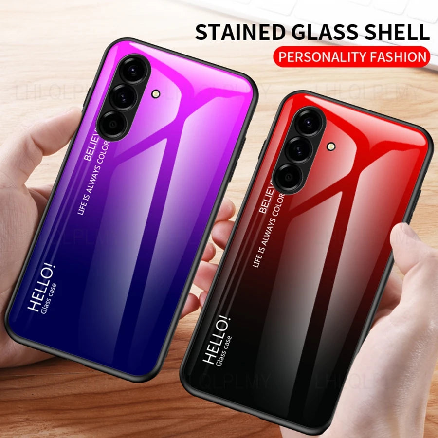 Tempered glass gradient phone case for Samsung Galaxy, featuring a sleek design and protective edge from Corporación Turística.