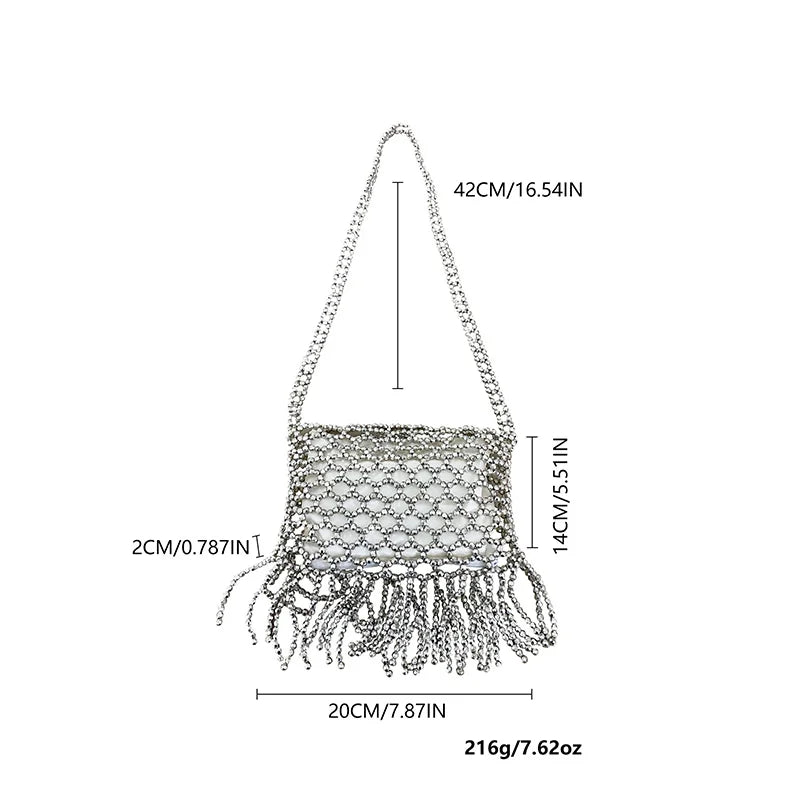 Handmade woven tote bag with colorful beads and tassels by Corporación Turística, featuring intricate embroidery and vibrant design.