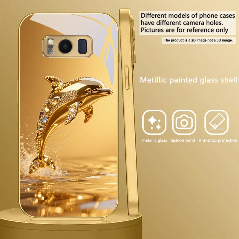 Gold dolphin phone case for Samsung Galaxy S20 FE, S21 Plus, S22, and S23 by Corporación Turística, featuring a sleek dolphin design.