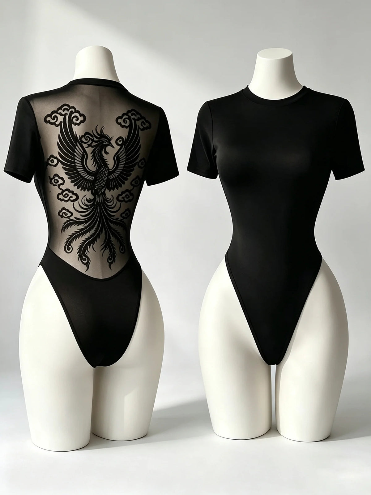 Short sleeve women's body with transparent mesh back, by Corporación Turística, shown on a mannequin.