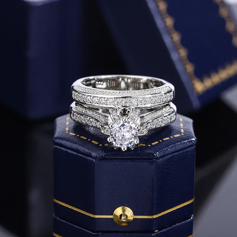 Conjunto de anillos de boda de circón de cristal de alta ...