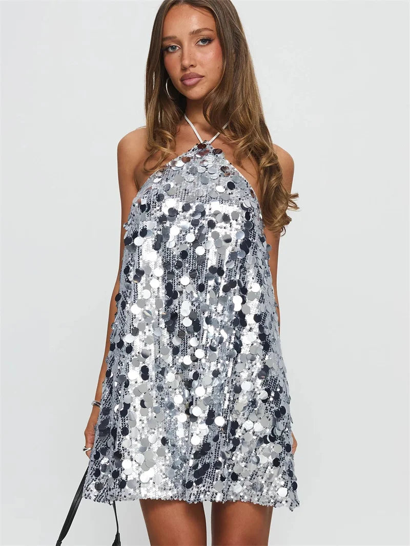 Vestido Halter para Mujer, Vestidos Mini Brillantes con L...