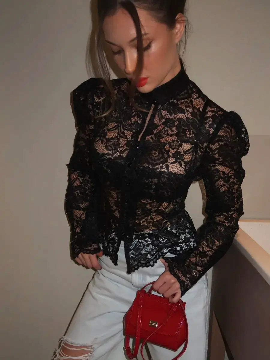 Blusa de Encaje para Mujer, Elegante, con Cuello de Hilo,...