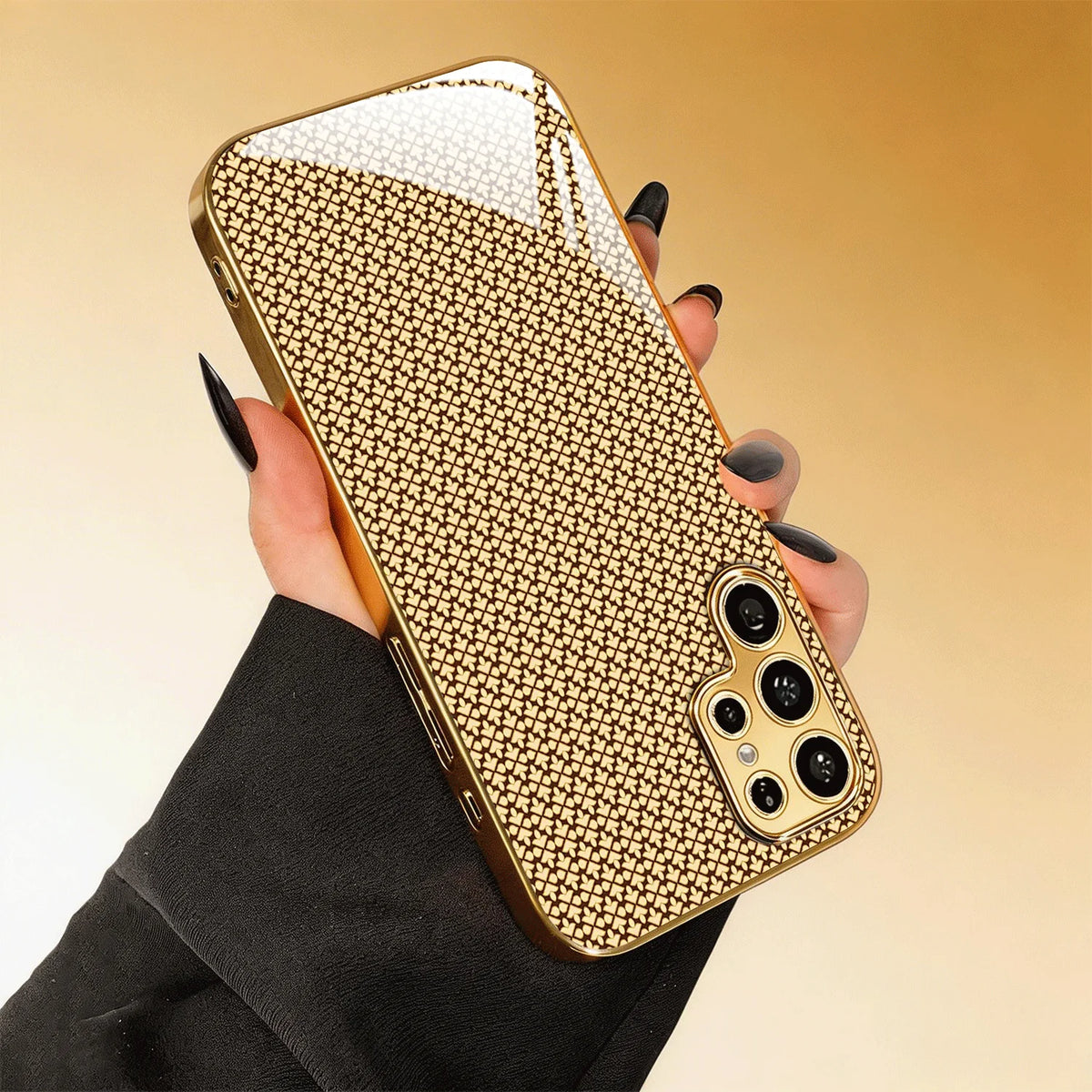 Gold and clear geometric 2D phone case by Corporación Turística, stylish protective cover for smartphones.