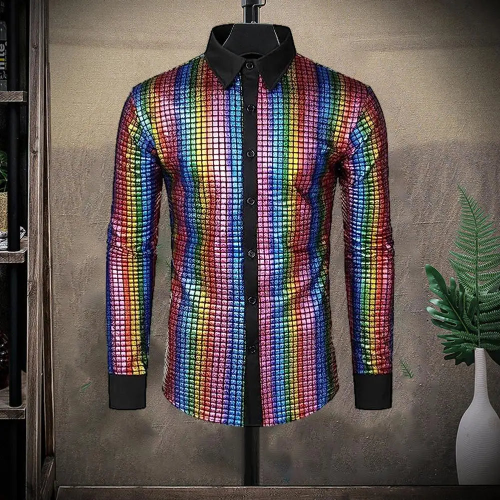 Men's disco shirt with a raised collar, stylish and vibrant, from Corporación Turística, suitable for dance parties and clubwear.
