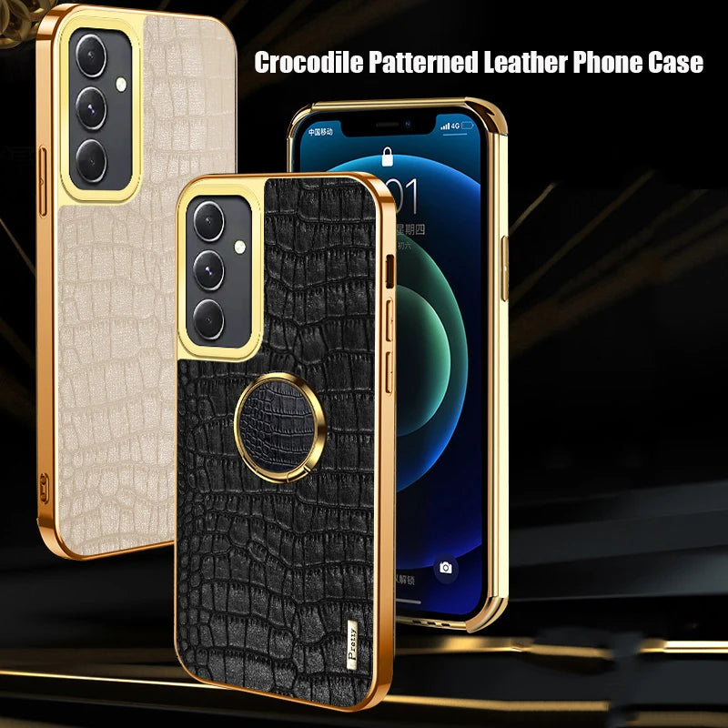 Leather phone case with 360° rotating ring from Corporación Turística, featuring a sleek design and durable material.