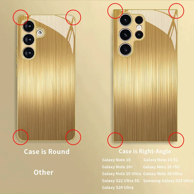 Tempered glass phone case with gold finish, designed by Corporación Turística, showcasing a sleek, protective phone cover with elegant gold accents.