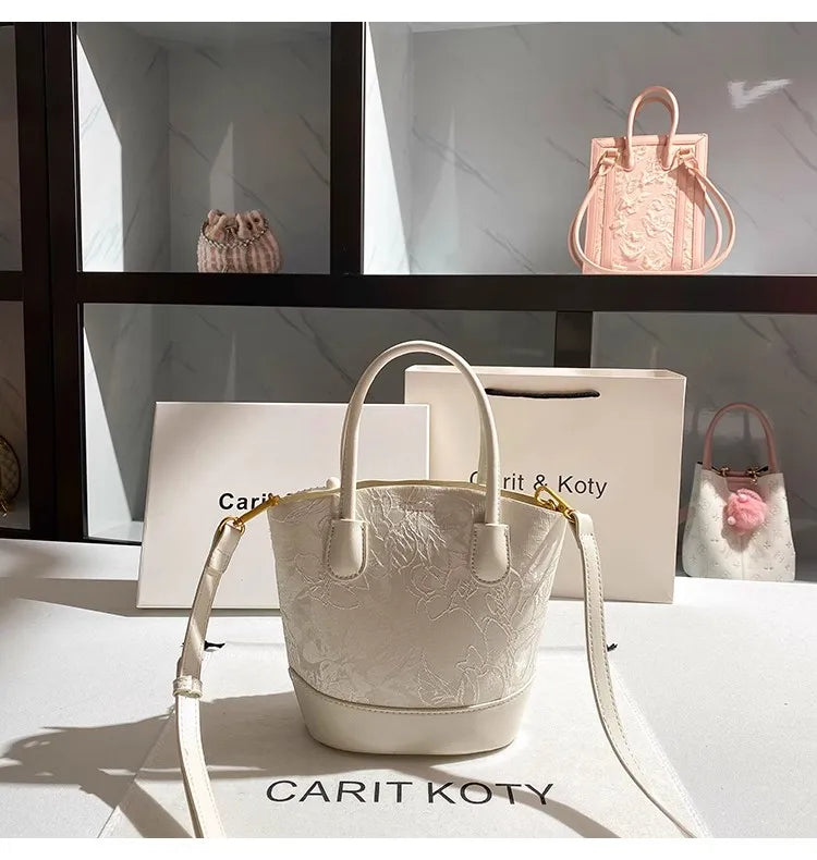 Bolso tipo cubo con bordado blanco de lujo a la moda, bol...
