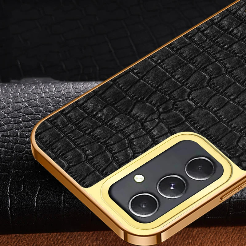 Leather phone case with a 360-degree rotating ring, designed by Corporación Turística, shown on a smartphone.
