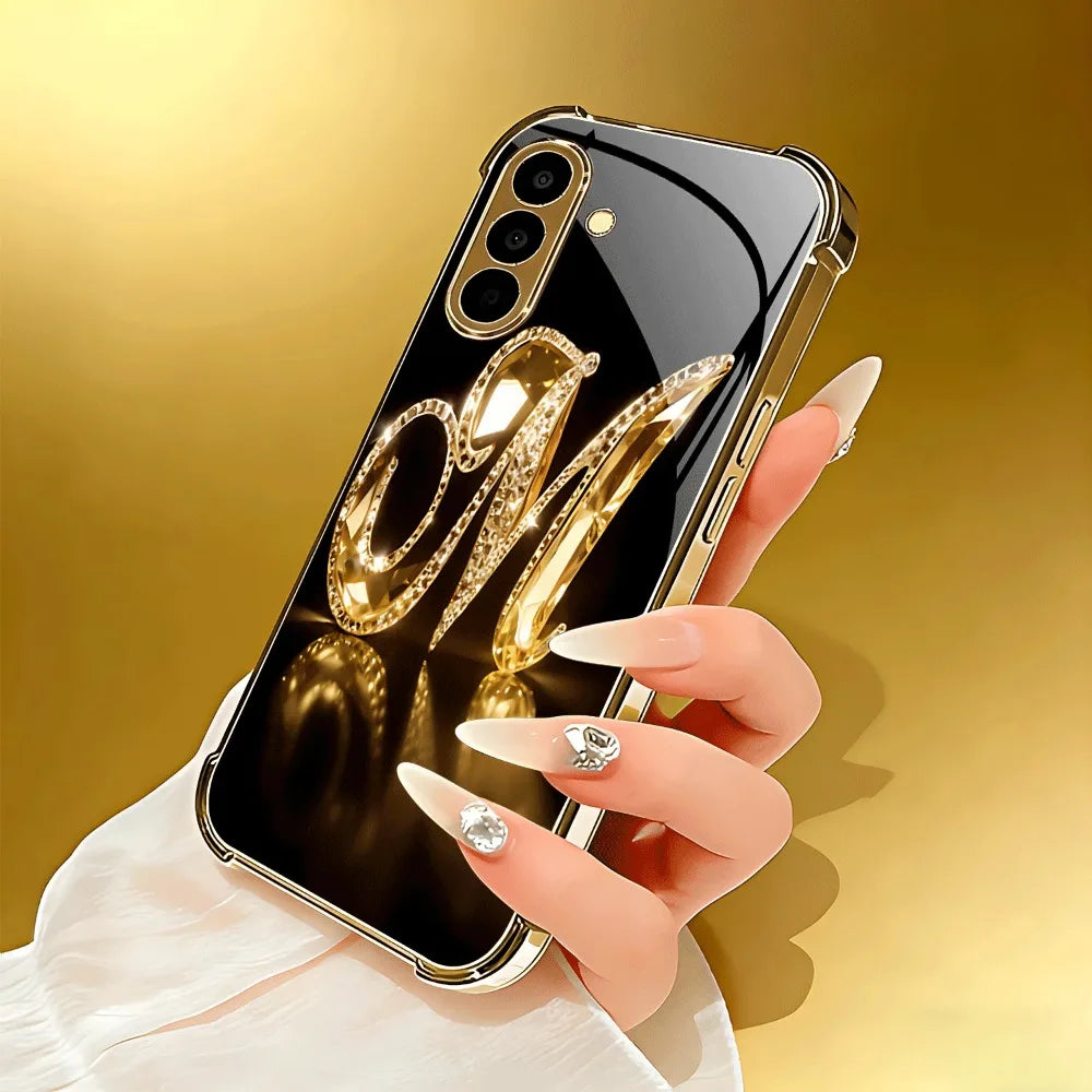 Electroplated glass phone case from Corporación Turística, stylish protective cover for smartphone with a sleek, reflective finish.