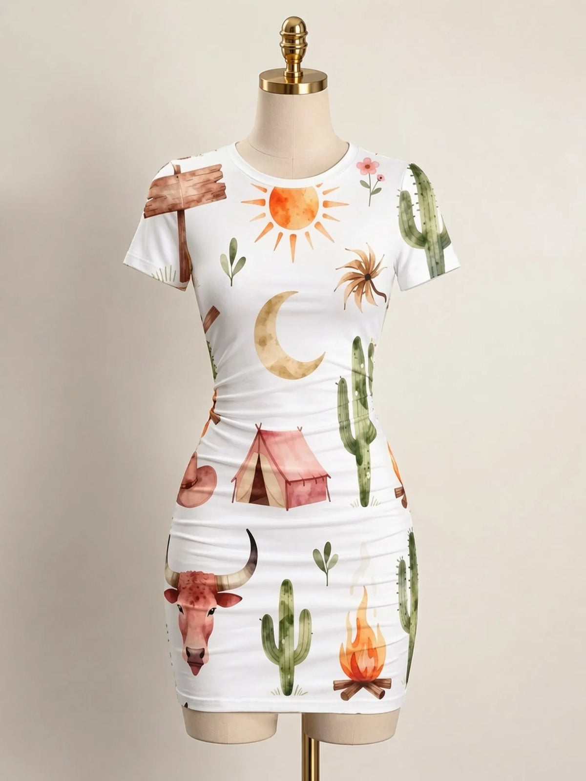 Close-up of a fitted women's mini dress with short sleeves and a high neckline from Corporación Turística.