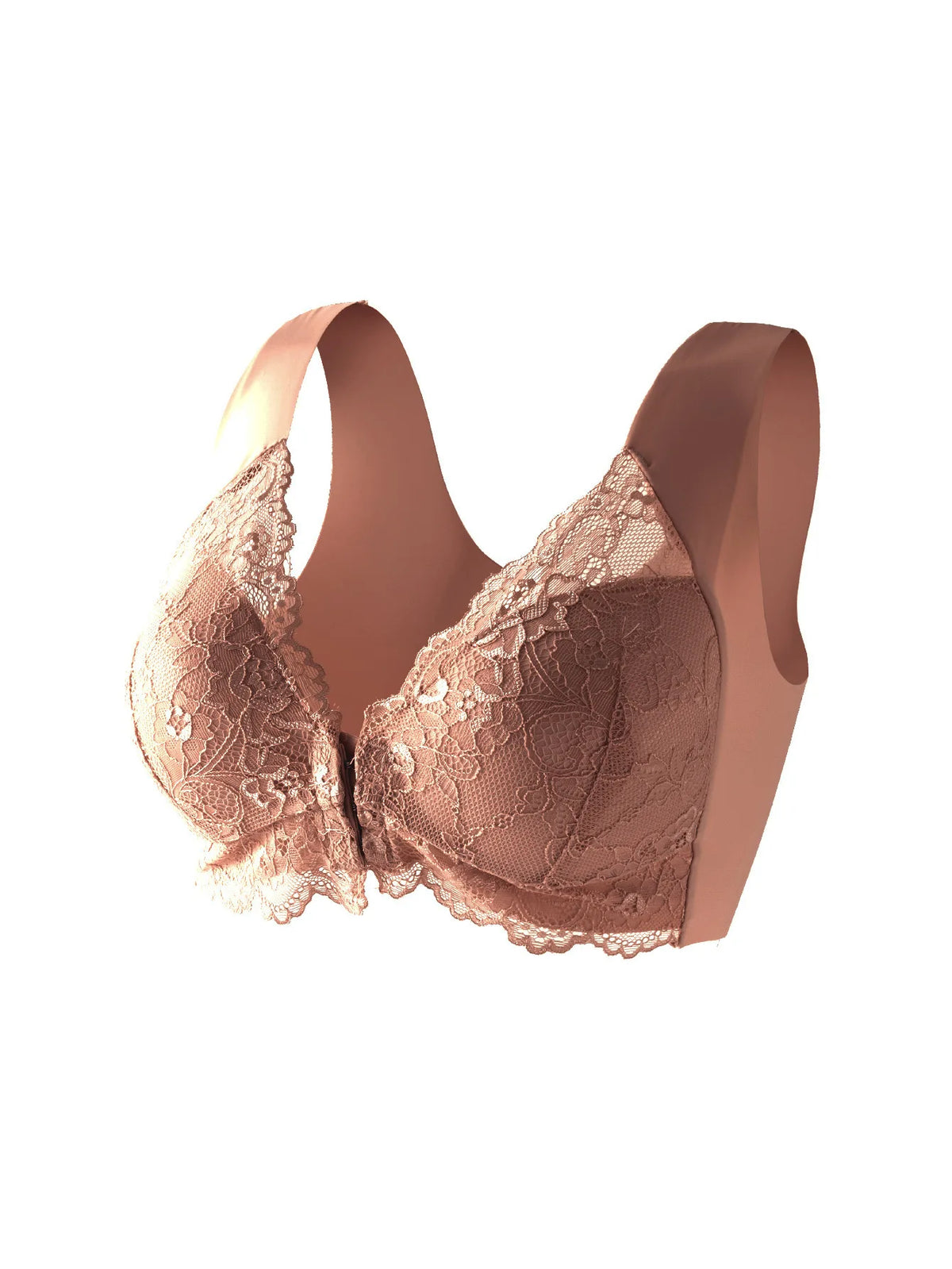 Lactation nursing bra with front closure and lace details, designed for comfort and easy breastfeeding access.