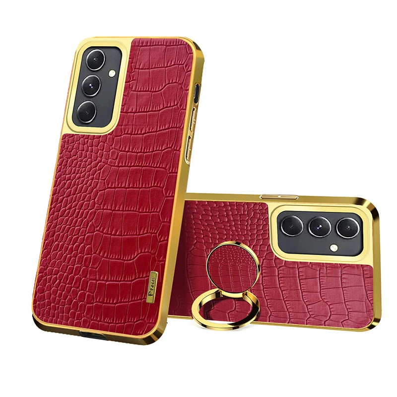 Leather phone case with 360° rotating ring for easy grip, designed by Corporación Turística, shown on a smartphone.