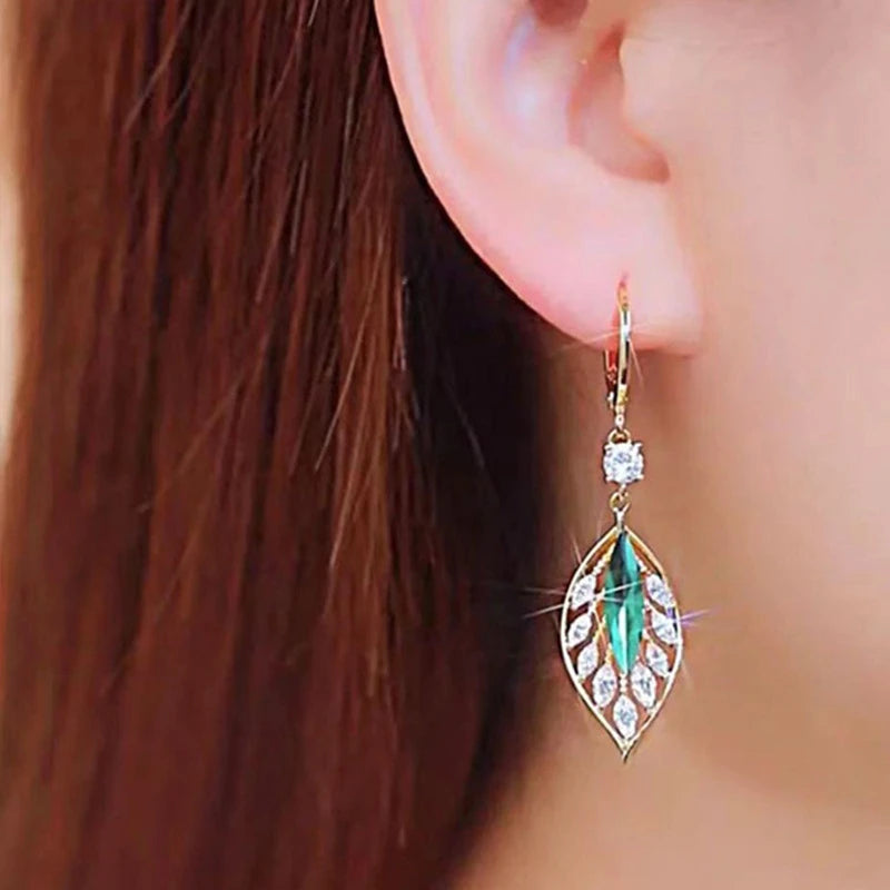 Pendientes colgantes de hoja de circón verde para mujer, ...