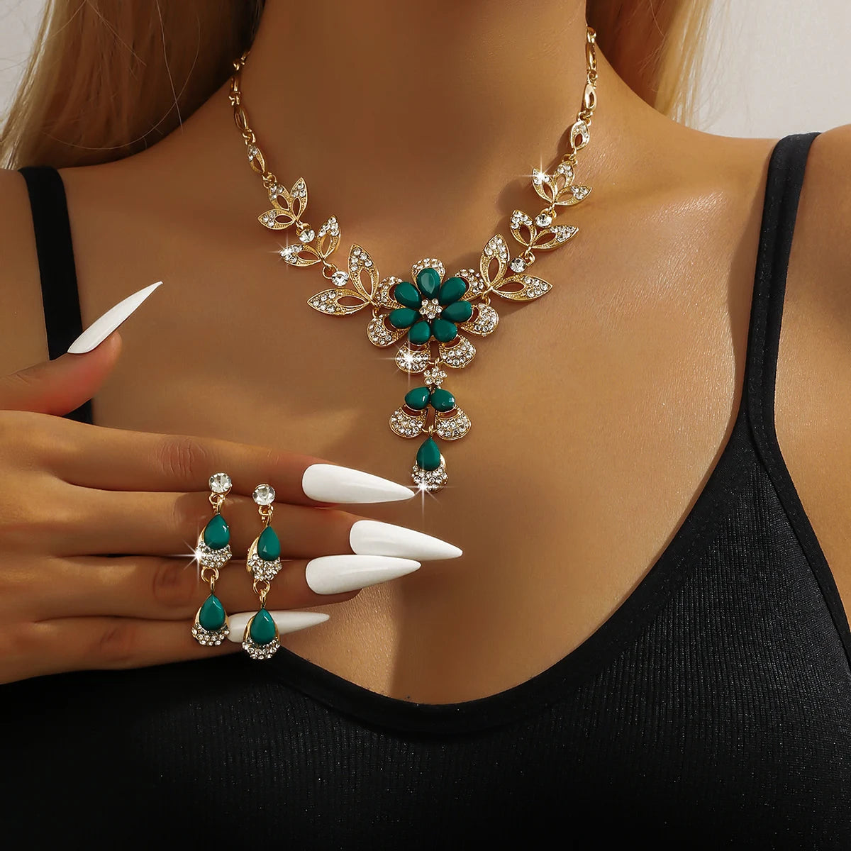 Conjunto de joyería para mujer, collar de flores de oro n...