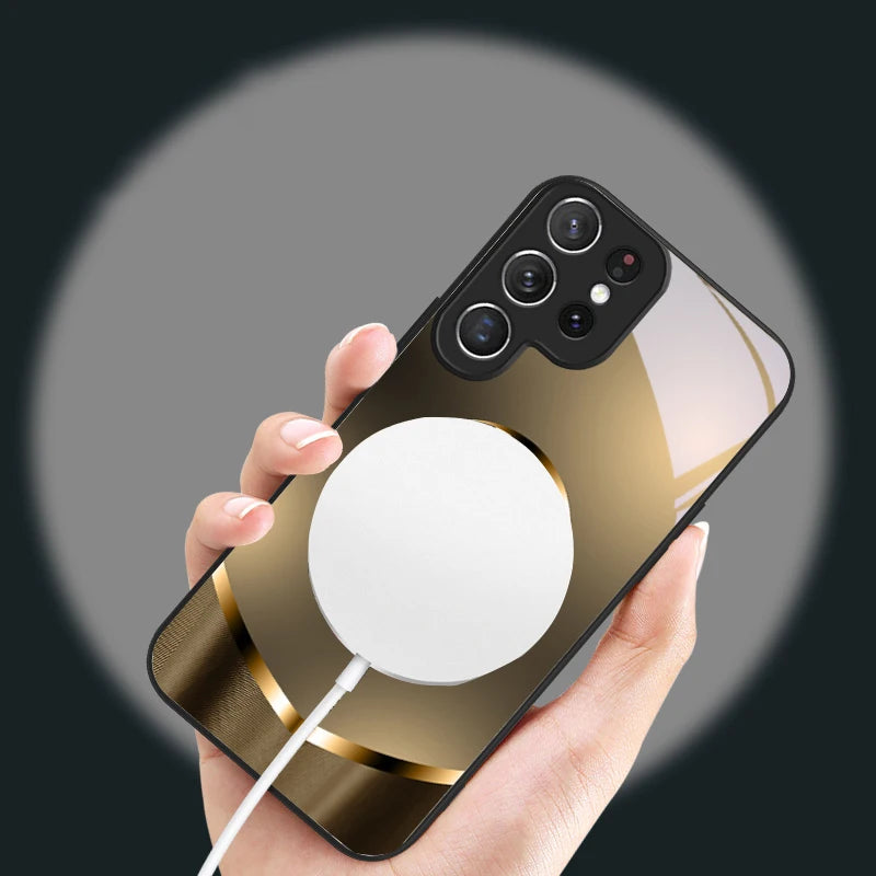 Clear glass phone case with a gold gradient design, showcasing a sleek, elegant look for smartphones.