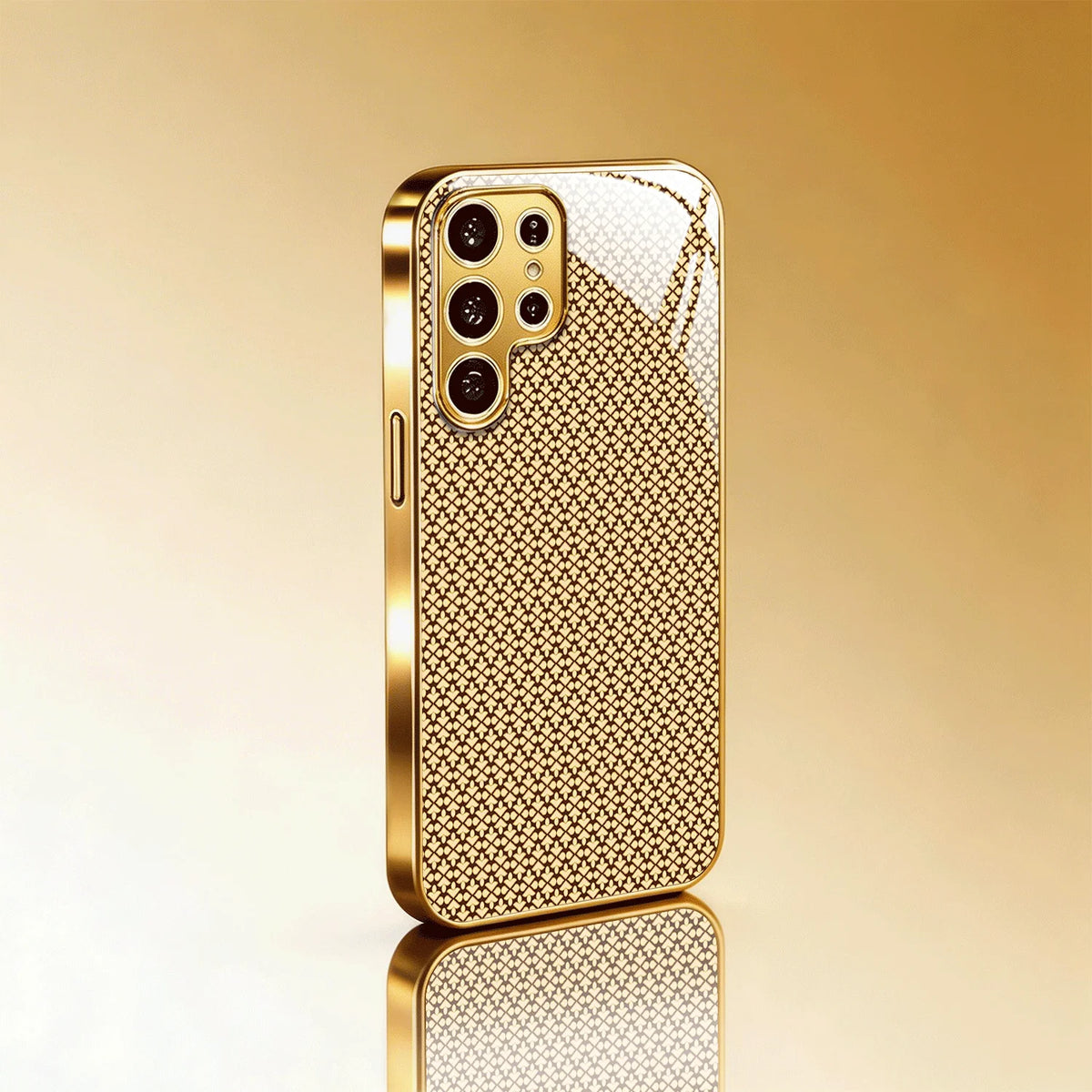 Geometric gold and clear 2D phone case from Corporación Turística, showcasing modern design and protective features.