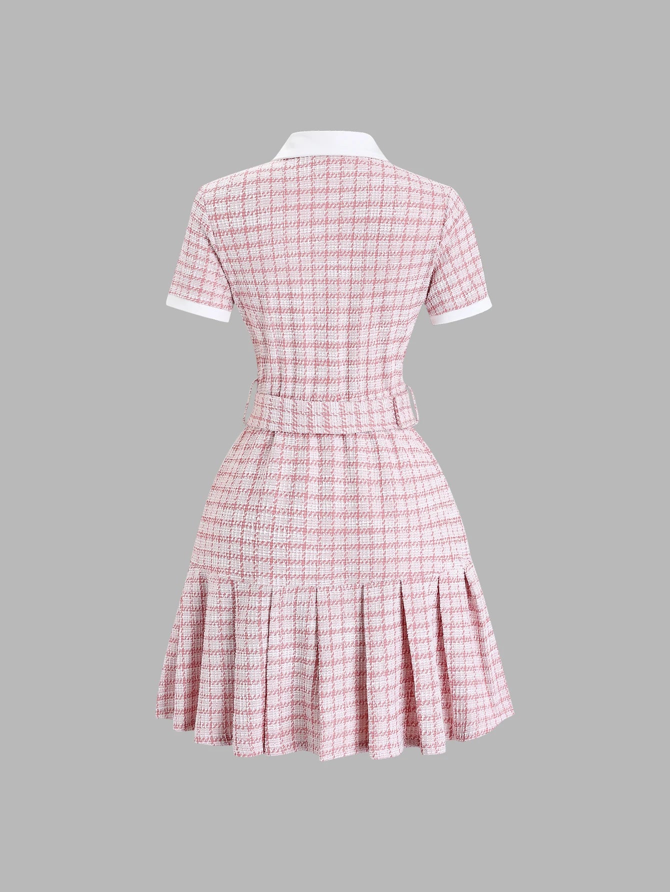 Minivestido a cuadros para mujer, manga corta, con cintur...