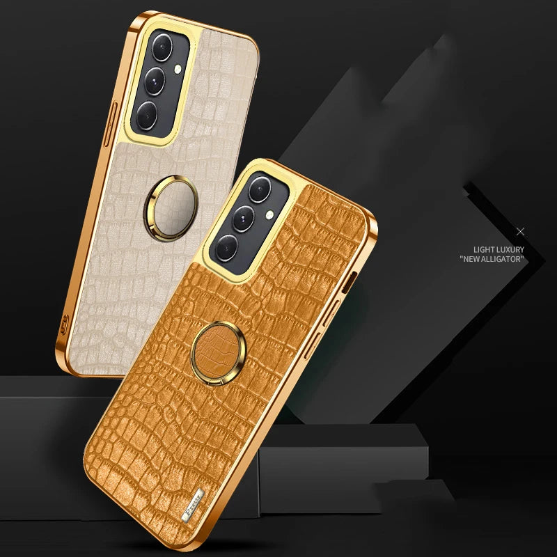 Leather phone case with 360° rotating ring from Corporación Turística, showing the textured leather surface and ring mechanism.
