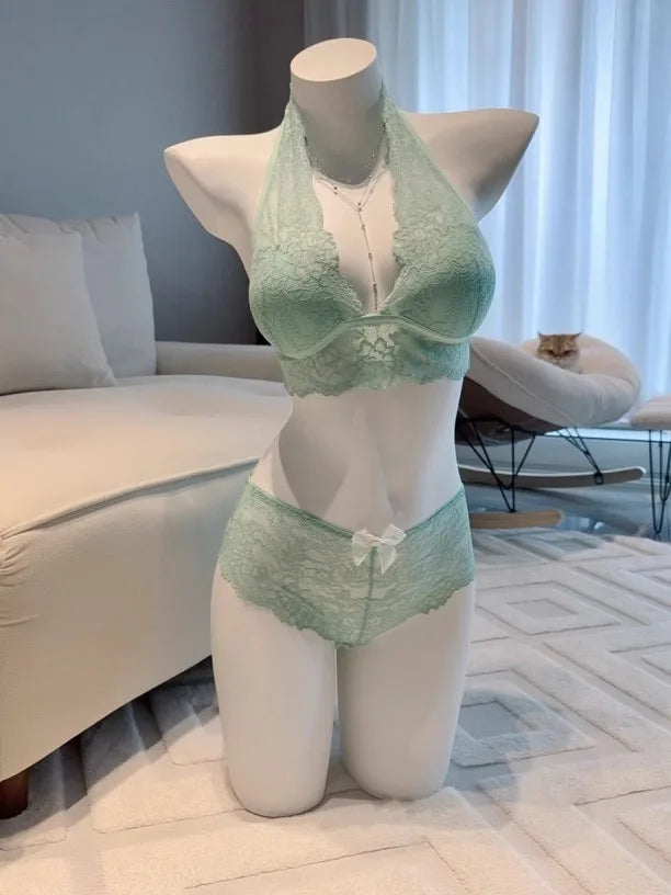 Green mint YUQI halter neck bra set featuring a stylish and comfortable design, perfect for casual or intimate wear.