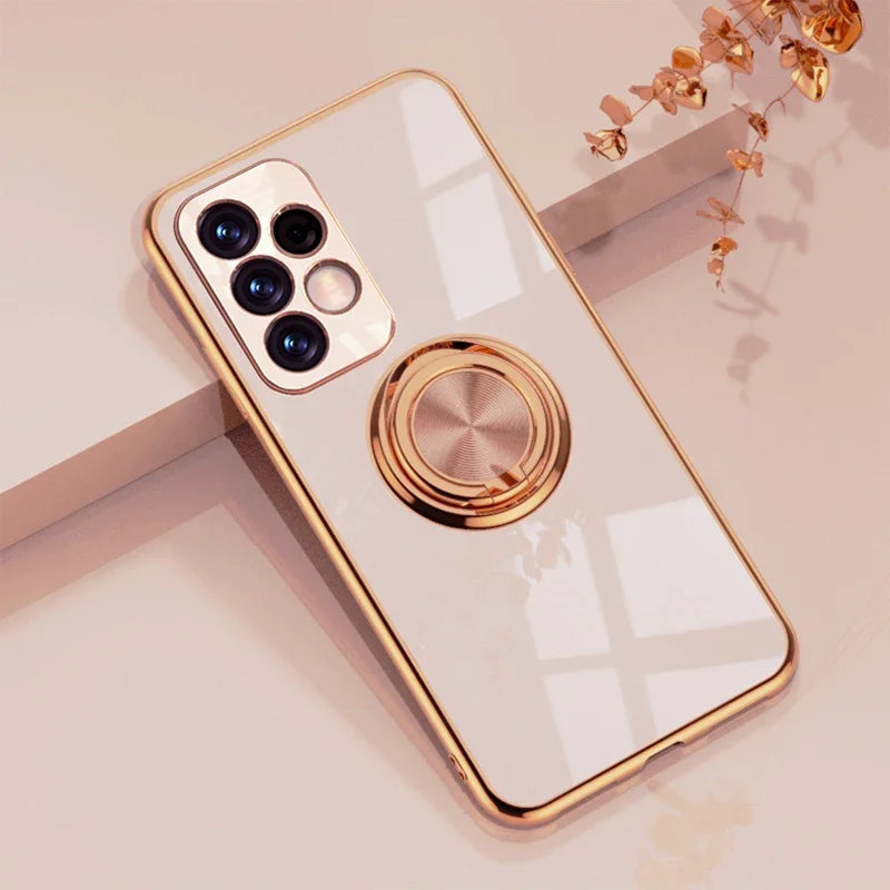 Luxury gold-plated ring holder case for Samsung smartphones, featuring a built-in support ring for hands-free viewing.