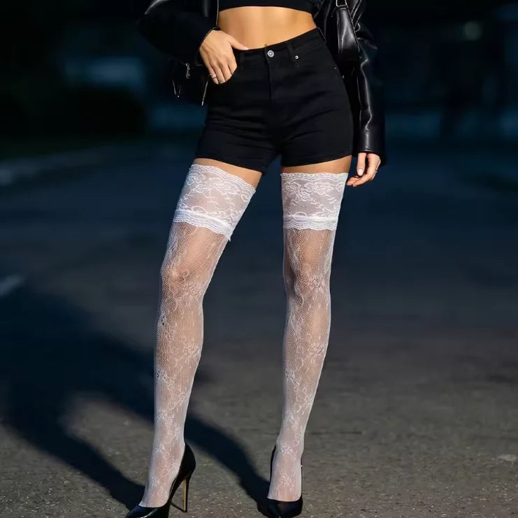 Gray romantic French lace socks with intricate lace details, designed for elegant and stylish footwear.