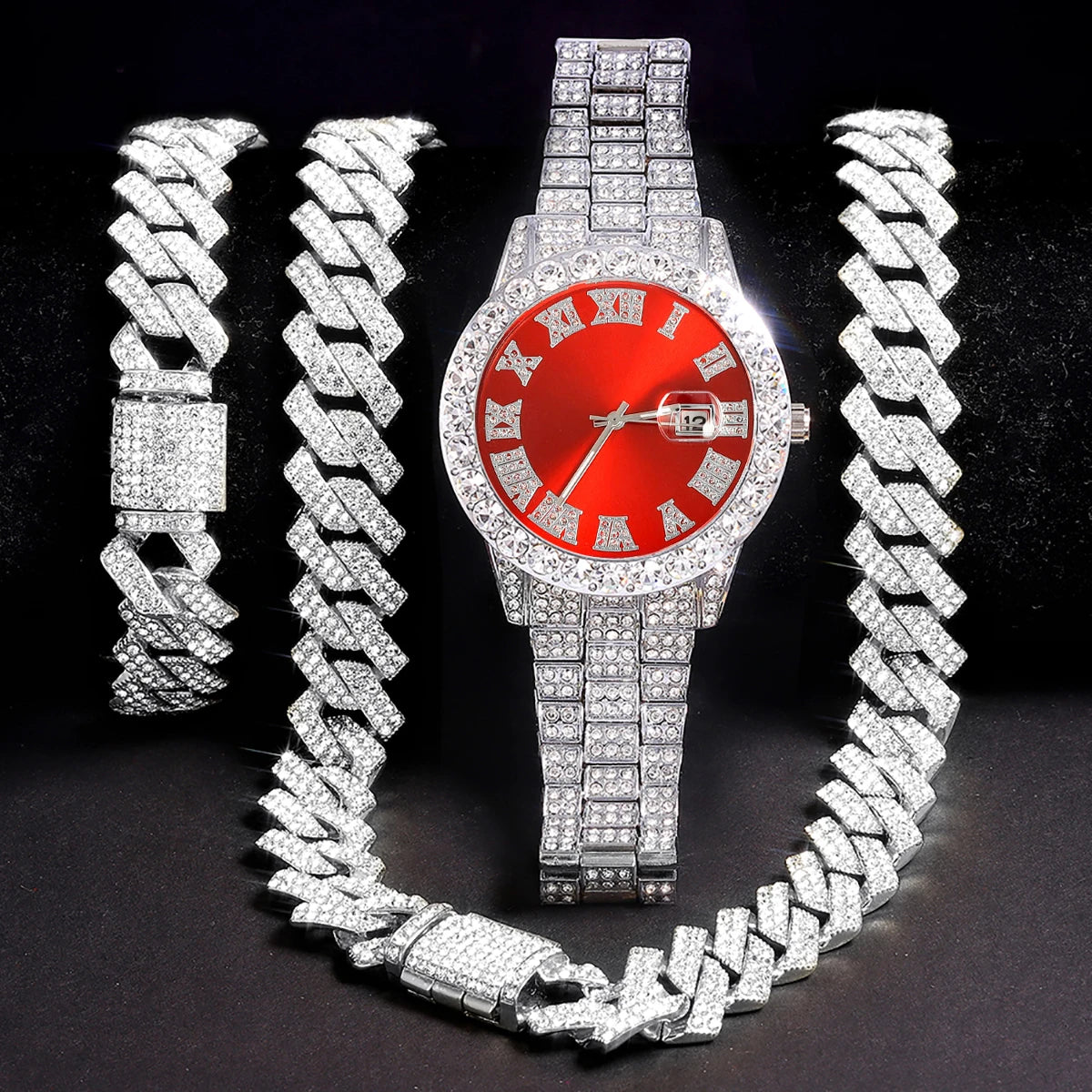 Conjunto de reloj de plata para hombre, reloj de diamante...