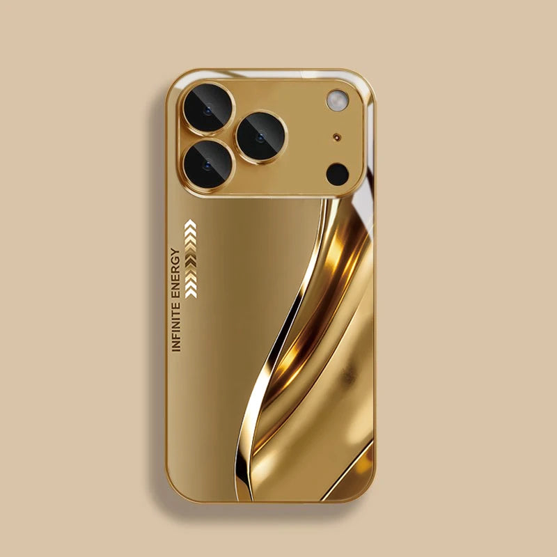 Tempered glass protective case with curved metal edges by Corporación Turística, featuring sleek design and durable construction.