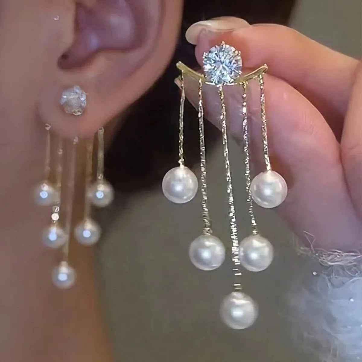 Pendientes de borla de perlas de moda coreana con aguja d...