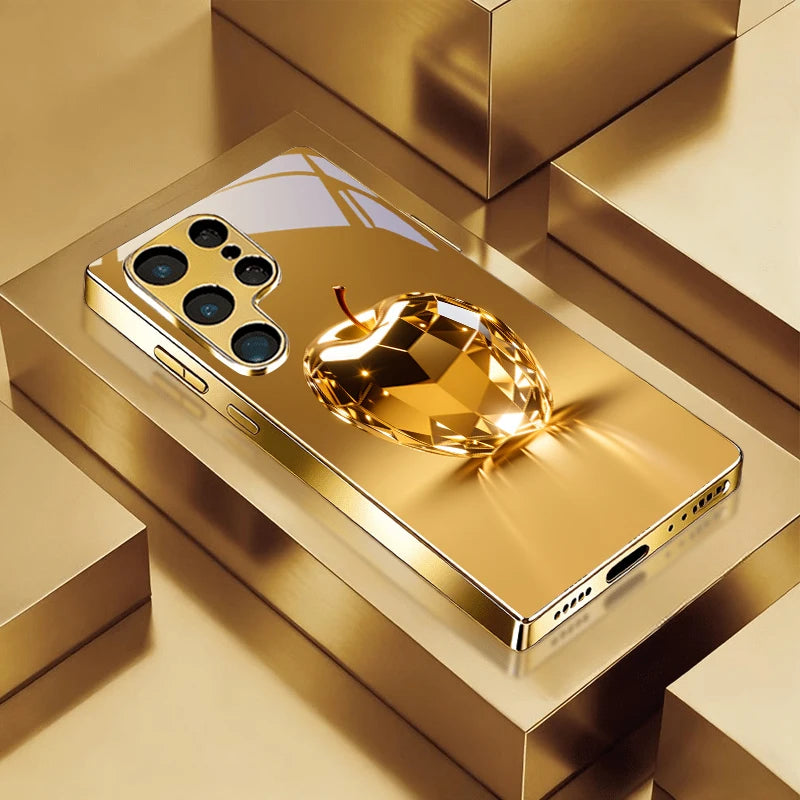 Golden fruit prism-shaped phone case by Corporación Turística, featuring vibrant, geometric fruit design for stylish protection.