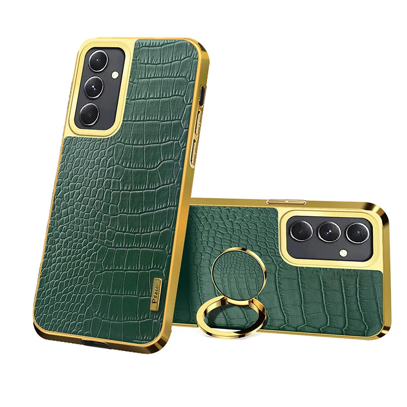 Leather phone case with 360° rotating ring from Corporación Turística, showing the case's textured leather surface and ring attachment.
