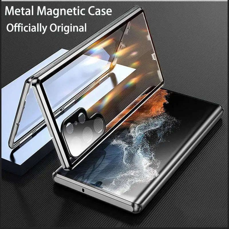 Magnetic metallic phone case for Samsung S26, S25, S23, and S24 by Corporación Turística, shown in black with magnetic closure.