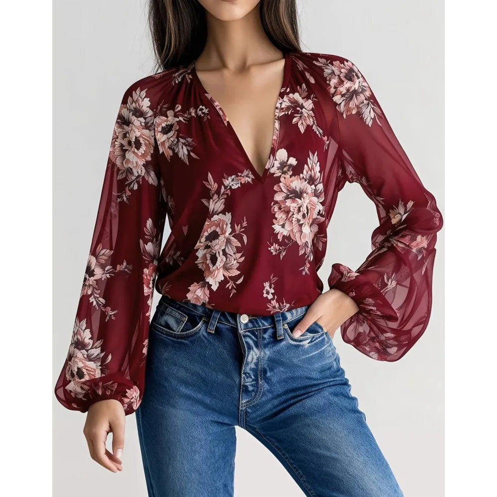 Blusa Sexy de Gasa con Cuello en V Profundo y Estampado, ...