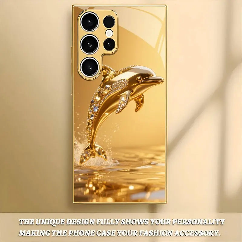 Silver glass dolphin pattern phone case by Corporación Turística, showing intricate dolphin design on a sleek protective cover.